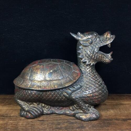 Chinese temple collection Old Bronze Cinnabar Lacquer Dragon turtle statue Longevity Turtle incense burner Ornaments Town House