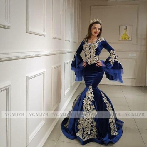Long Sleeves Muslim Dress Evening Gowns Mermaid Gold Lace Arabic Dubai Blue Formal Party Dress Prom Gowns Robe De Soiree