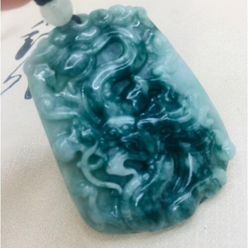 Natural Burmese Emerald Jade Carving Two-Color Dragon Pendant with Tri-Color Bead Necklace Mens Sweater Chain