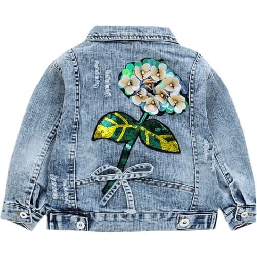 4-12 years Denim Jacket for Girls Coats flower Sequins Baby Girls kids Outerwear Jean Jackets & Coats for Child Girls Clothes