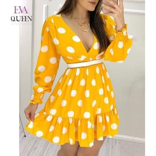 EvaQueen Dot Print Women Elegant Dress Deep V Neck Ruffle Hem Loose Casual Dresses Female Summer High Wiast Beach Bohe Vestidos