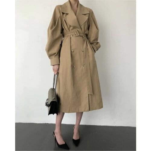 Chic Women British Style Loose Lantern Sleeve Long Design Trench Outerwear Oversized Wind Coat