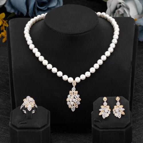 TIRIM Luxury Pearl Pendant Sets for Women Jewelry Accessories Cubic Zirconia Bridal Necklace Earrings Ring Dubai Fashion Jewel