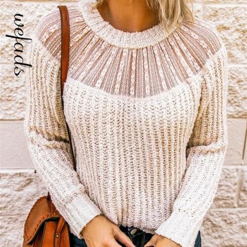 Wefads Cropped Sweater 2021 Autumn Winter Womens Round Neck Lace Stitching Raglan Sleeve Sweater Warm Knited Sweater