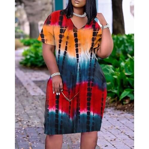 Large Size New High Elastic Women Dresses Fashion Tie Dye Short Sleeve Long Design Plus Size Tee Shirt Ladies Dress With Pocket