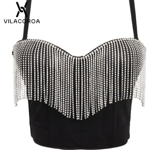 Fringed Diamond Sling Womens Crop Top Bodycon Stage Sexy Off Shoulder Backless Camis Black High Waist Street Female Top Vest