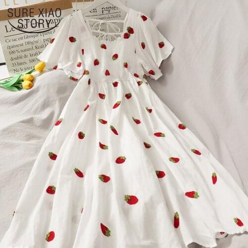 Strawberry Dress Kawaii Embroidery Puff Sleeve Dress Women Vintage A-line White Square Neck Beach Dress 2021 Korean Robe 14547