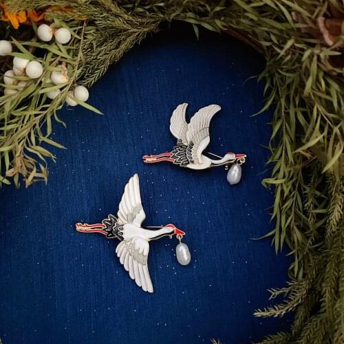 2020 Real Special Offer Broche Chinese Style Auspicious Crane Drop Oil Enamel Baroque Pearl Brooch Cheongsam Silk Scarf Pin