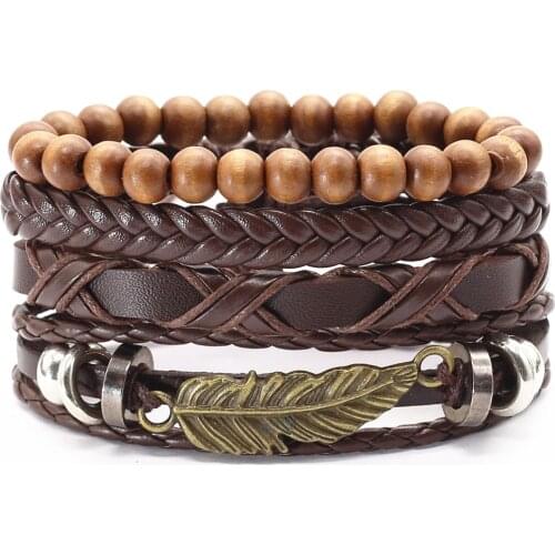 4 Pcs/set Brown Black Leather Bracelets Men Women Alloy Bronze Feather Tree Hooks Charm Wood Beads Femme Homme Male Jewelry