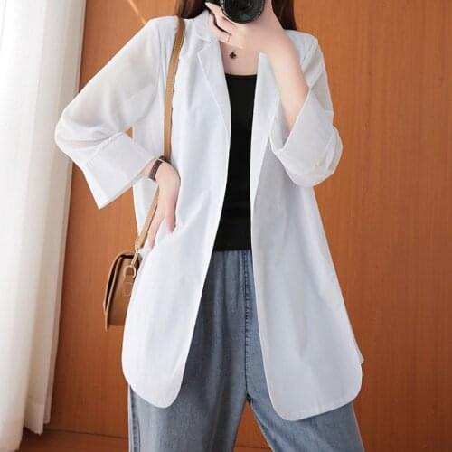 #5201 Summer Black White Chiffon Blazer Women Loose Thin Plus Size See Through Blazer For Women Flare Sleeved Suit Jacket Female