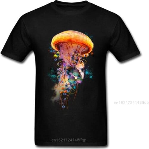 Electric Jellyfish World T-shirt Men T Shirt Awesome 3D Tshirt Black Clothes Cotton Cartoon Tops Tees Geek Chic Designer
