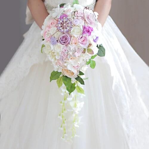 IFFO Pink Purple Eternal Rose Artificial Bridal Bouquet Waterfall style bouquet Green Leaves Rose Water Drop Bride Bouquet decor