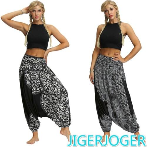 JIGERJOGER Black round mandala floral printed Womens baggy pant Boho joggers plus size high waist harem pant free drop shipping