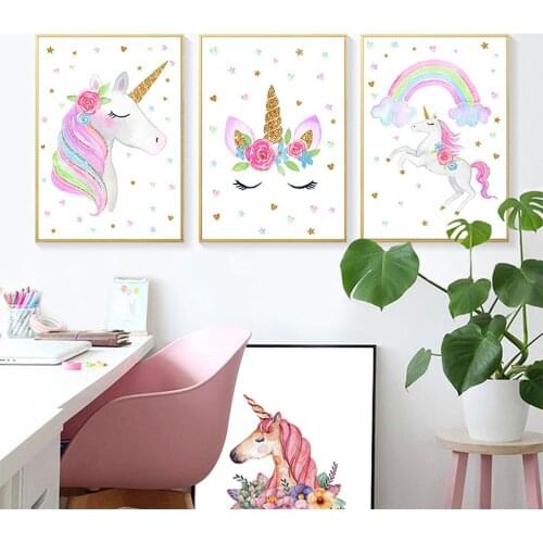 Pink Unicorn Cartoon Animals Painting for Home Decor Children Bedroom Girl Wall Decoration Modern HD Canvas Painting