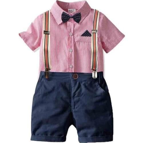 Baby Boy Clothes Sets Summer Baby Boy Bow Tie Stripe Top+Suspenders Shorts Suits Formal Gentleman Children Clothing