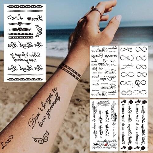 Small Letter Temporary Tattoo For Kids Women Endless Minimalist Words Fake Tattoos Sticker Black Skewers Clover Clavicle Tatoos