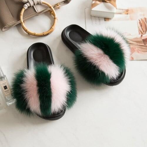 New Women Plush Furry Soft Shoes Ladies Real Fox Fur Slippers Female Winter Plush Fluffy Flip Flops Girls Fashion Cute Sandals