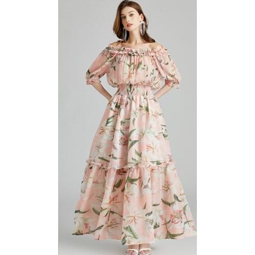 Sexy Vestido Midi Elegante Off-the-Shoulder Tulip Print Elastic High Waist Big Swing Maxi Dress Lantern Sleeve Slash Neck Dress