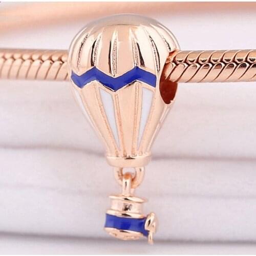 Original Blue & White Enamel Rose Air Balloon Hanging Pendant Beads Fit 925 Sterling Silver Charm Bracelet Diy Jewelry