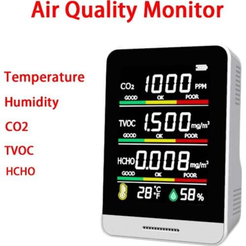 5 In 1 Portable CO2 Meter Digital Temperature Humidity Sensor Tester Air Quality Monitor Carbon Dioxide TVOC HCHO Detector New
