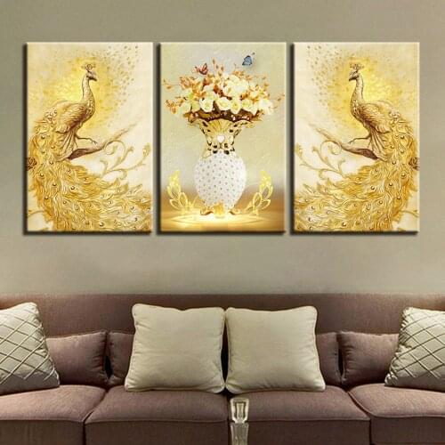 Canvas Posters HD Prints Pictures Living Room Wall Art Framework 3 Pieces Golden Peacock Couple And Flowers Paintings Home Decor