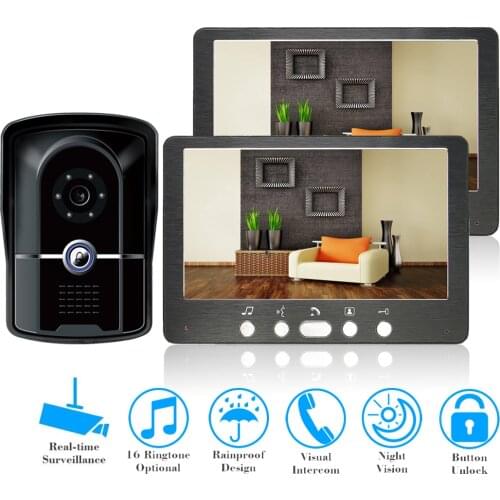 7" TFT LCD Screen Wired Video Doorbell Intercom Door Phone System 1 Monitor 2 Camera Unlock Electric Lock