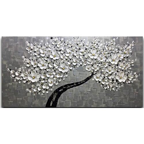 Hand Painted White Flower Oil Paintings Silver Floral Modern Canvas Wall Art Abstract Tree Art Oil Canvas Painting Unframe