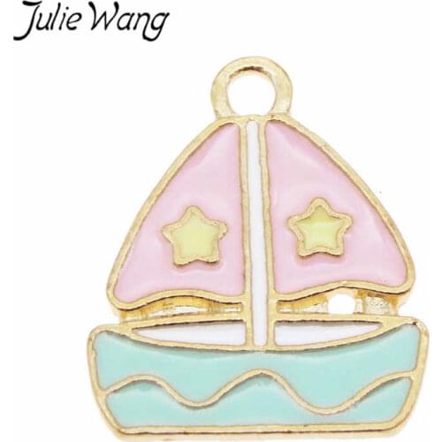 Julie Wang 10pcs Enamel Blue Pink Sailing Boat Charms Alloy Gold Tone Pendant Necklace Bracelet Jewelry Making Accessory