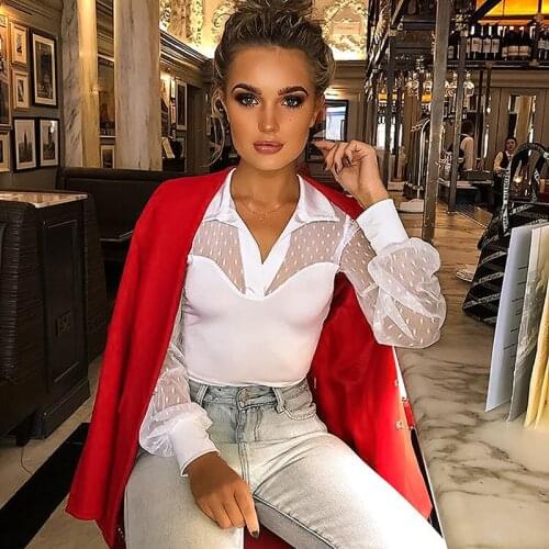 Women Mesh Sheer Blouse Fashion Lace Transparent White Shirt Female Blusas See-through Long Sleeve Top Shirt Blouse
