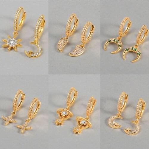 VENTFILLE 925 Sterling Silver Earrings Gold Color cross Moon Star Small Circle Earrings For Women Fine jewelry