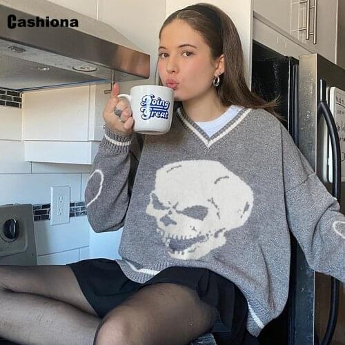 Women Autumn New Knitting Sweater Femme Round Neck Jumper Pullovers Loose Sweaters Top Fashion Skull Print Womens Clothing 2021