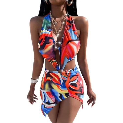 Womens Colorful Printing One-piece Swimsuit Hollowed V-neck Ring Connect Irregular Hem Halter Swimwear