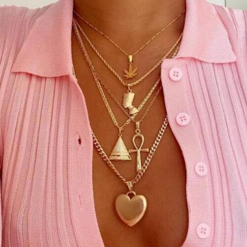 Women Exaggerated Multilayer Cleopatras Tower Love Heart Chain Necklace Maple Leaf Pyramid Heart Pendant Multilayer Necklace