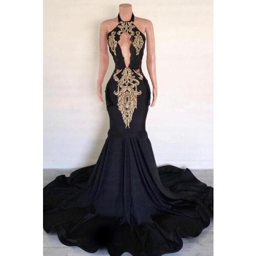 2021 Black Gold Appliques Mermaid Evening Dresses Long Halter Sleeveless Backless Formal Evening Party Gowns Robe De Soiree