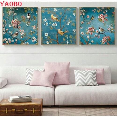 3pcs set rhinestone embroidery Landscape diamond Painting full round Diamond Mosaic birds flower Picture for Living Room Decor