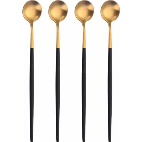 4Pcs High Quality Stirring Spoons Black Glod Stainless Steel Long Handle Spoon Coffee Ice Cream Kitchen Household Accessories