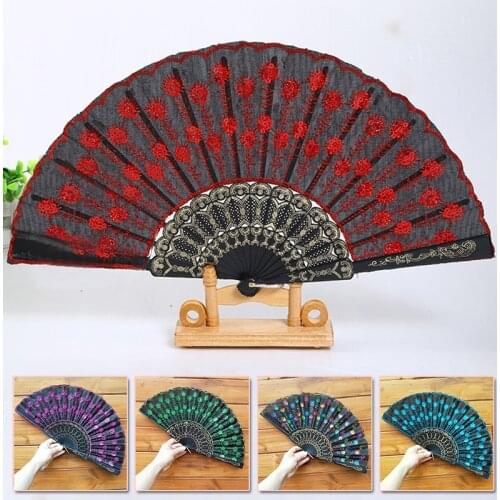 New Art Fan Folding Tail Feather Plastic Bone Sequins Carved Hand Fan Summer Accessories Crafts Print Home Indoor Decorations