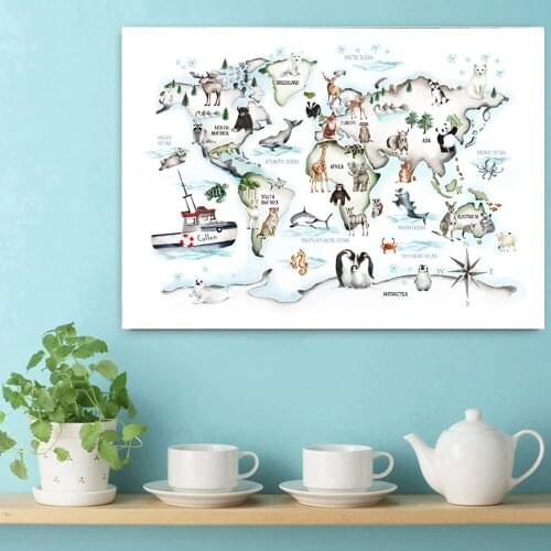 World Map Of Animal Cartoon Canvas Poster Nursery Children Wall Art Painting Kids Bedroom Picture Decoration Pictures Baby Room