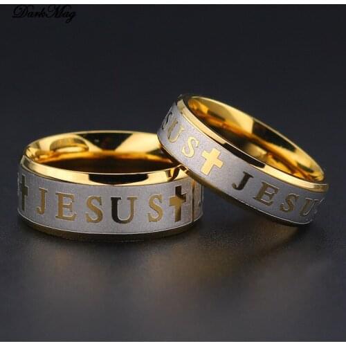 DarkMag Jesus Letter Ring Men Titanium Stainless Steel Gold Black Silver Color Cross Rings For Women Mens Cross Couple Jewelry