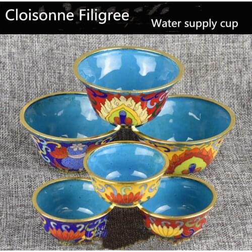 Handmade Chinese Cloisonne Filigree Water Supply Cup Buddha Worshipping Lucky Bowl Copper Enamel Table Decoration Accessories