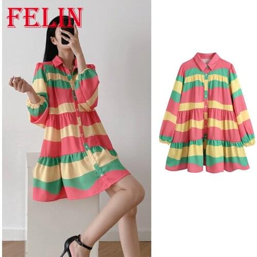 Za 2021 Chic Rainbow Women Dress Fashion Autumn Energetic Young Style Girl Long Sleeve Loose Dress Oversized Lovely Vestidos
