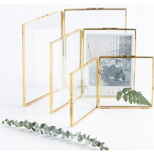 Folded Double-Sided Glass Metal Photo Frame, Botanical Specimen Holder, Electroplated Gold-Covered Display Stand