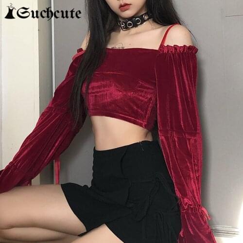 SUCHCUTE Sexy Slash Neck Velvet Crop Tops For Women Streetwear Fashion Long Sleeve Tie Up 90s Outfit T-Shirts Korean Style Tee