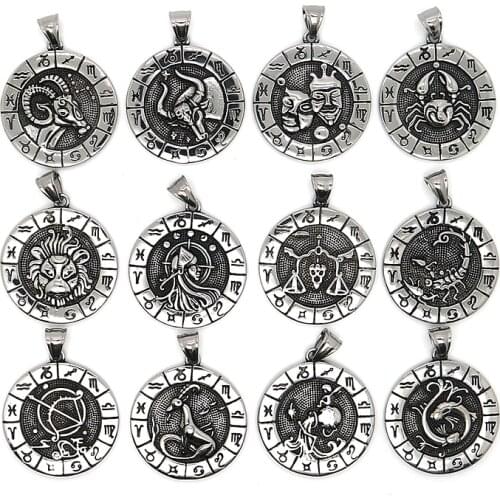 Unisex 316L Stainless Steel Cool ZODIAC Vintage Silver-Color Pendant Newest Free Chain
