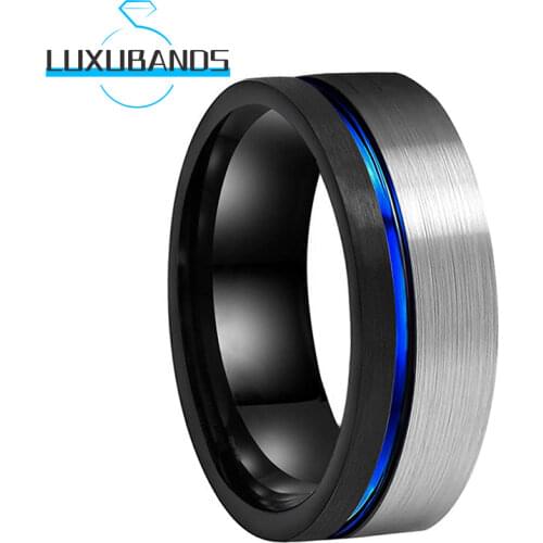 8MM Tungsten Wedding Band For Men Wemen Blue Offset Line Black Brushed Finished Comfort Fit