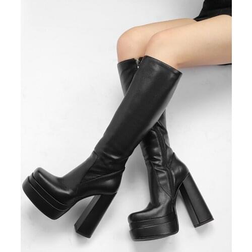 2021 New Genuine Leather Platform Knee high Boots Pumps Sexy Womens Shoes Thick heel Zip Autumn Women Boots Black Big Size 43