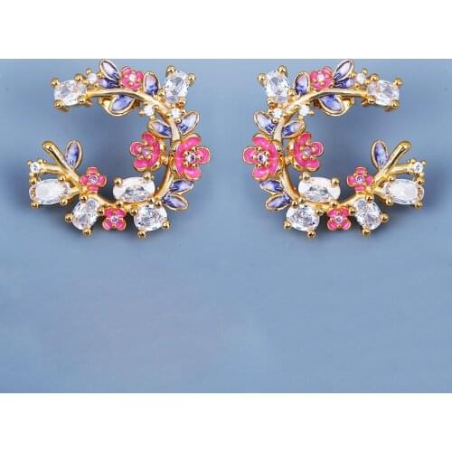 2.8*3.2cm Flower Shape Earring for Women Luxury Yellow Gold Color Zircon Crystal Enamel Jewelry Silver Stud Earring 2021 New