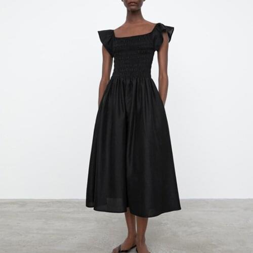 Women Elegant Ruffles Sleeveless Midi Summer Dress Square Collar Tencil High Waist Tunic Black French Dress