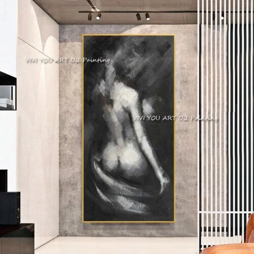 100% Handmade large black white gray Naked Wall Art Sexy Girl woman Modern Abstract Nude Oil Painting on Canvas