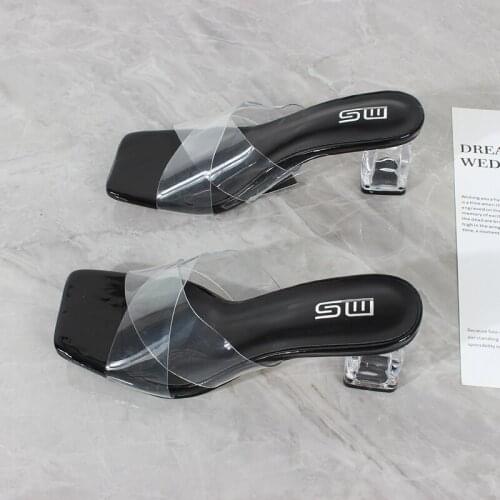 2021 womens shoes pvc transparent belt crystal thick heel slip on sandals fashion open toe outside female high heels casual